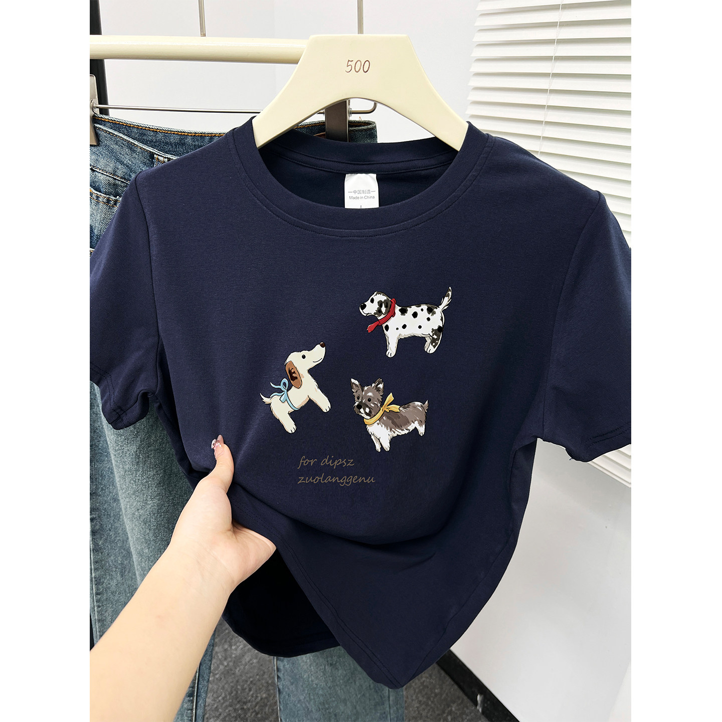 藏蓝色韩版狗狗印花圆领短袖T恤女微胖大码遮肉百搭圆领半袖上衣