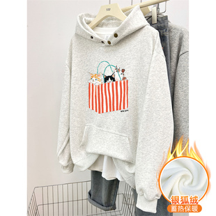 上衣 慵懒风宽松大码 白灰色纽扣连帽套头卫衣女加绒加厚秋冬季 韩版