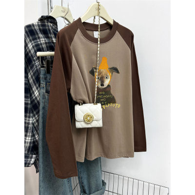 纯棉插肩长袖t恤女2025秋季新款狗狗印花时尚大码胖mm显瘦上衣潮