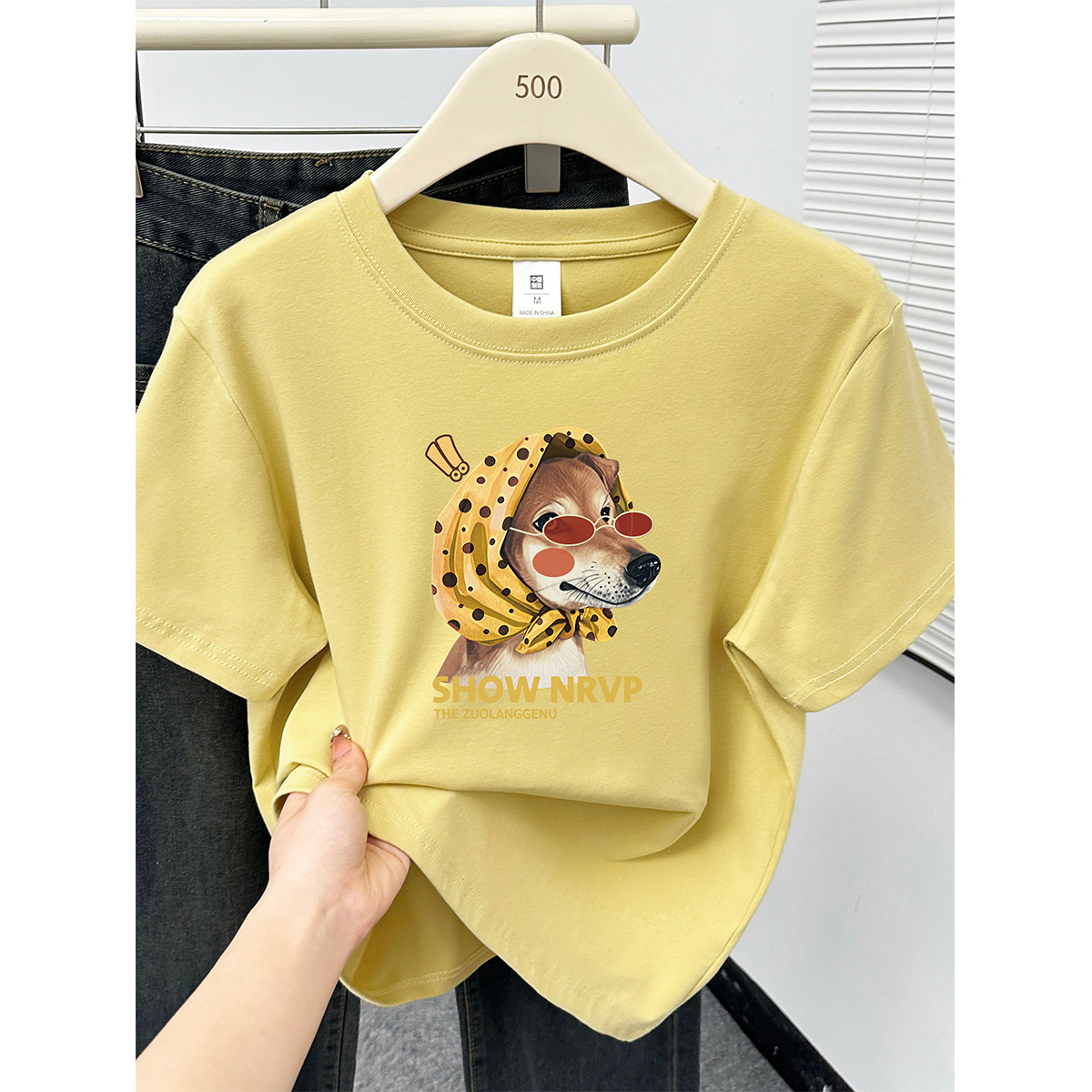 大码狗狗印花正肩短袖t恤女2026春夏新款胖MM遮肚子休闲圆领上衣