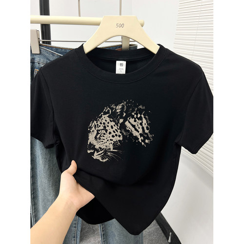 美式复古豹子印花圆领短袖T恤女装新款黑色大码正肩遮肉百搭上衣