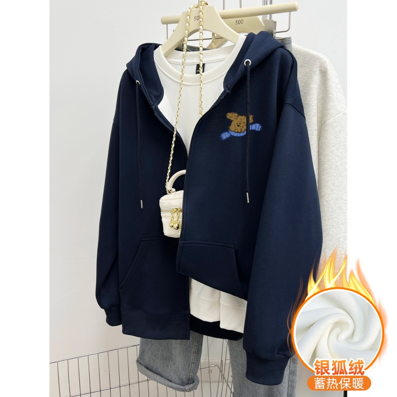 藏蓝色连帽开衫卫衣女秋冬款韩版设计感宽松大码加绒加厚拉链外套