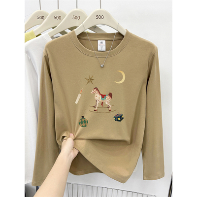 卡其色正肩长袖T恤女2025新款秋冬季大码胖MM显瘦圆领打底衫上衣