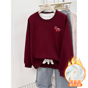 圆领套头上衣 胖mm宽松大码 2026新款 酒红色加绒加厚正肩卫衣女冬季