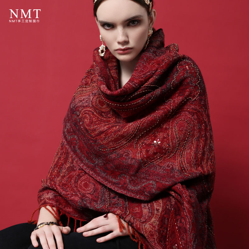 印度复古民族风羊毛披肩大方巾女披风斗篷冬季加厚酒红色盖毯围巾