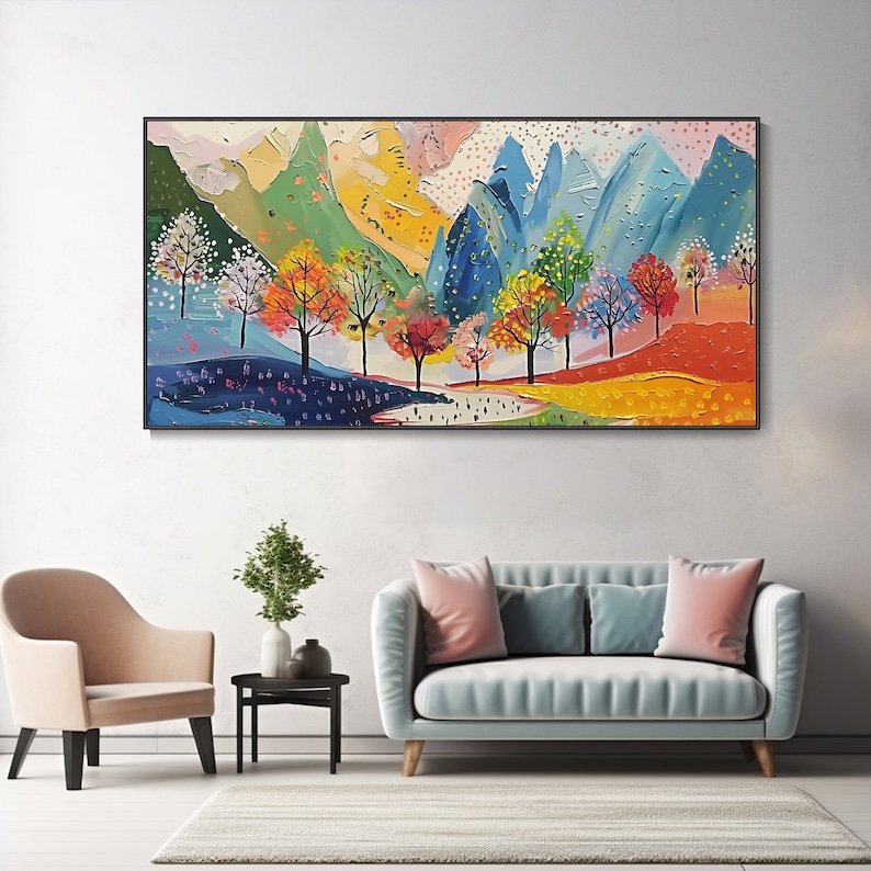 大芬村纯手绘油画彩色风景多巴胺小众抽象艺术客厅装饰画卧室挂画图片