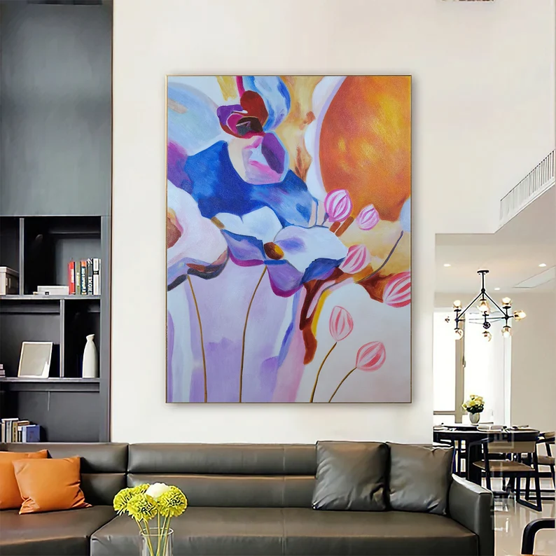 大芬村手绘油画抽象花卉荷花客厅装饰画餐厅卧室复古花卉挂画壁画图片