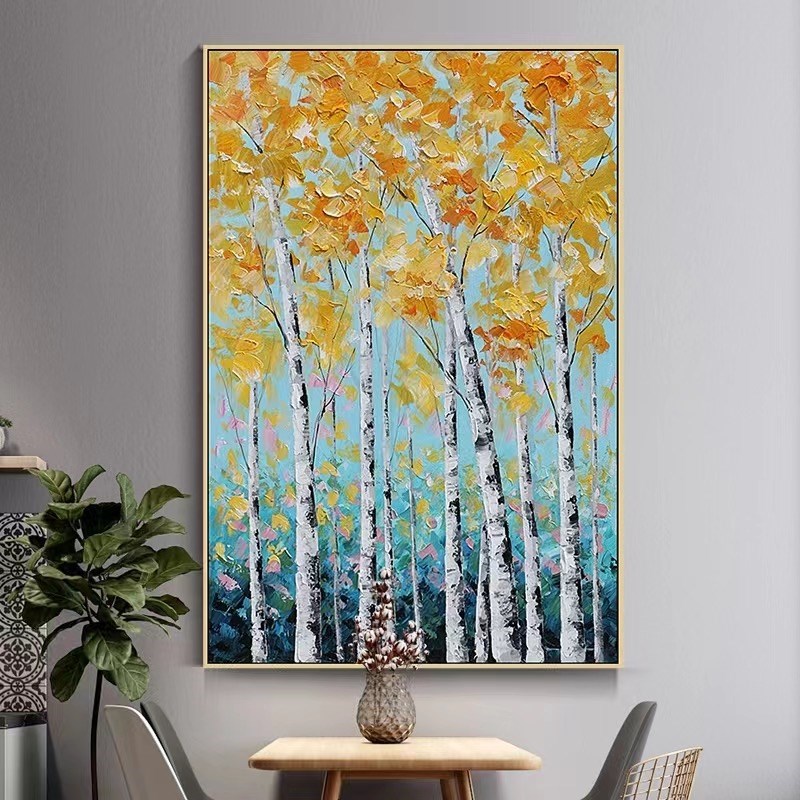 大芬村纯手绘油画白桦林风景北欧客厅沙发装饰画立体肌理玄关挂画