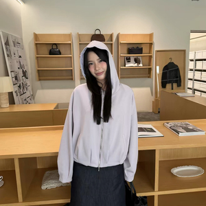 MOGE-开爆的外套韩系宽松下摆压褶百搭款拉链连帽卫衣外套L26170