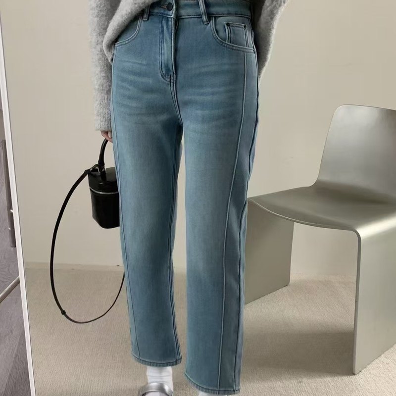 OUNA5075四面弹法棍裤女厚绒冬季2024高腰显瘦水洗直筒白搭九分裤