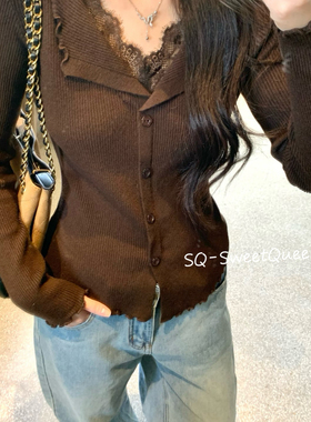 SQ-返单率拉满～法式温柔气质蕾丝拼接v领针织打底衫针织衫YS7785