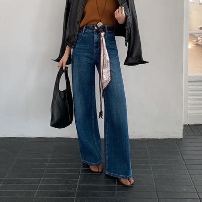 欧洲站2025秋季新品设计感小众中腰阔腿拖地牛仔裤女OUNA5772