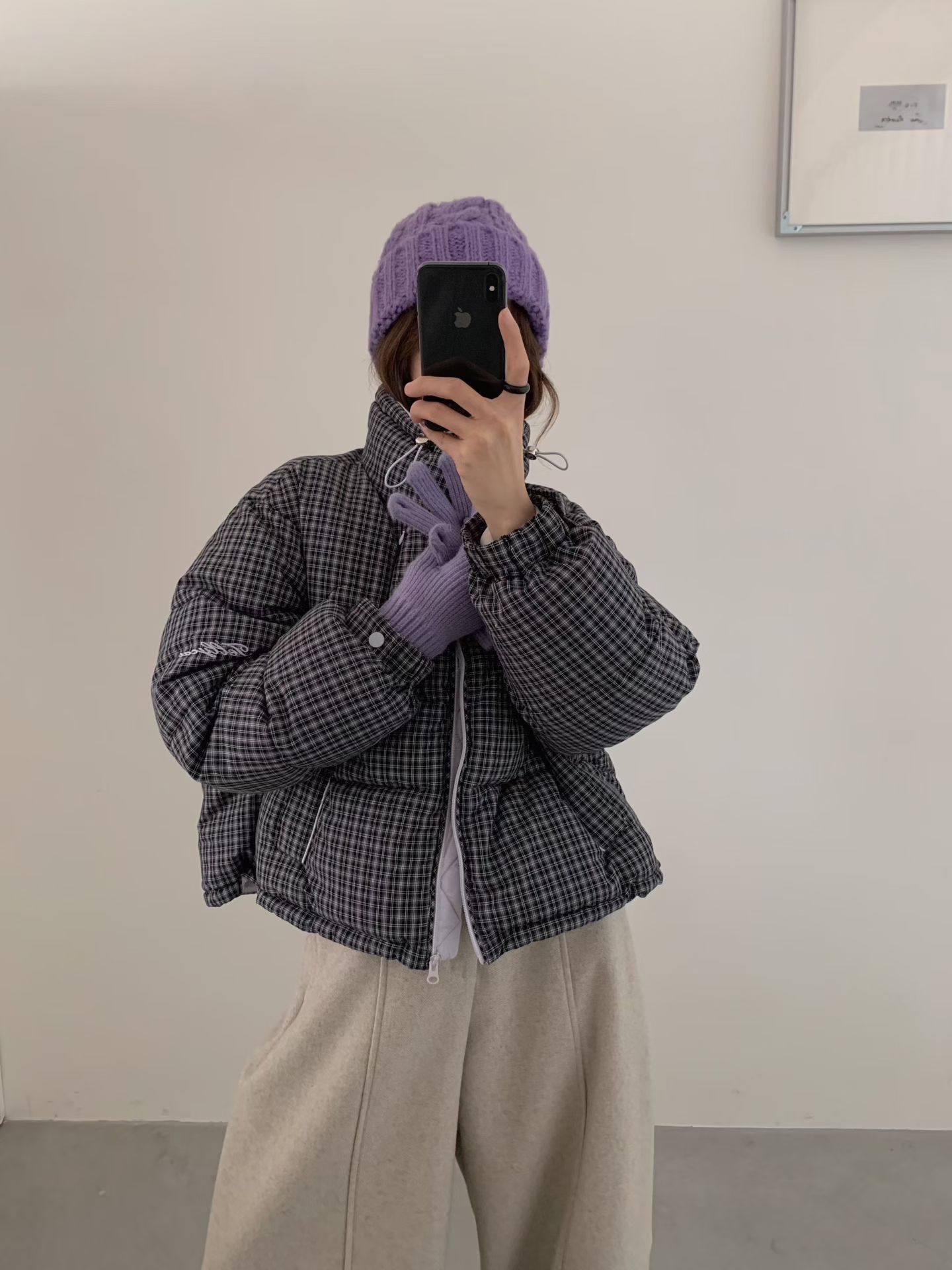 2025冬季新款韩版宽松格子短款羽绒服女加厚保暖外套新国标90绒子