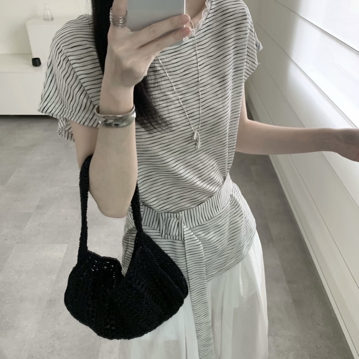 Need-6夏上新ins轻熟风～巨显瘦条纹慵懒气质短袖T恤(配腰带)2656