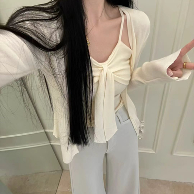 SQ-.韩系温柔甜美蝴蝶结吊带背心+叠穿针织开衫套装(两件套)2601Q