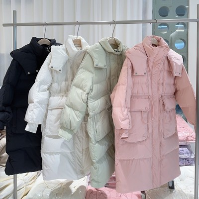 收腰中长款连帽羽绒服女冬季加厚90白鸭绒2023新款小个子羽绒外套