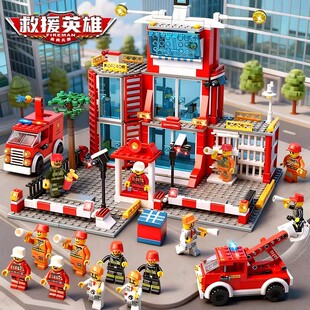2025新款消防局警察局益智拼装积木玩具建筑男女孩子军事生日礼物