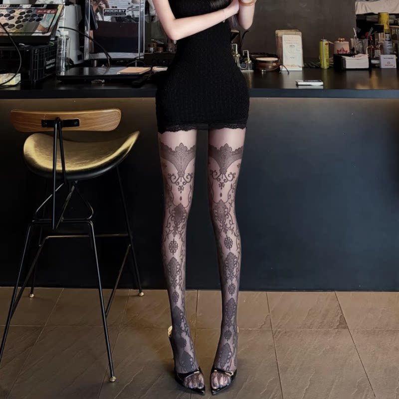 欧美性感黑丝女夏哑光丝袜T裆哥特风镂空提花黑丝超薄隐形连裤袜