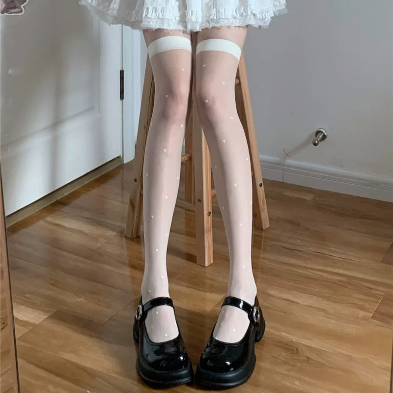 学院风甜美小爱心波点白丝袜女夏超薄过膝袜日系JK纯欲大腿长筒袜