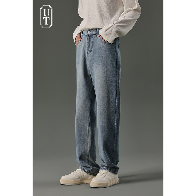 高级感春秋季直筒宽松牛仔裤男水洗做旧复古青年休闲百搭长裤子男