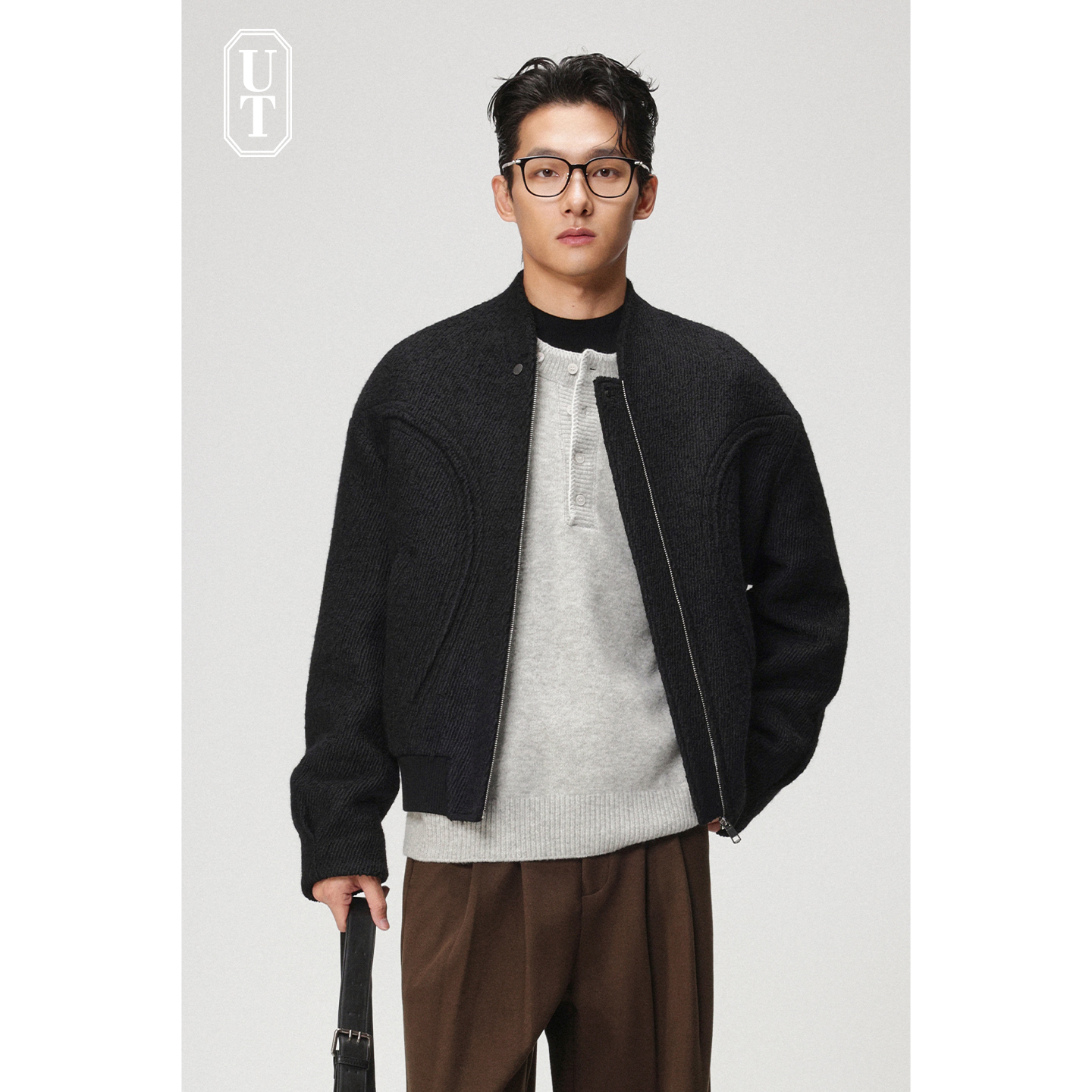 宽松落肩加仿丝棉加厚休闲短外套立领上衣新款冬季羊毛呢子夹克男