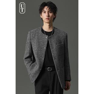 休闲西装 厚款 外套高级妮子便西 冬季 设计感无领羊毛呢休闲西服男士