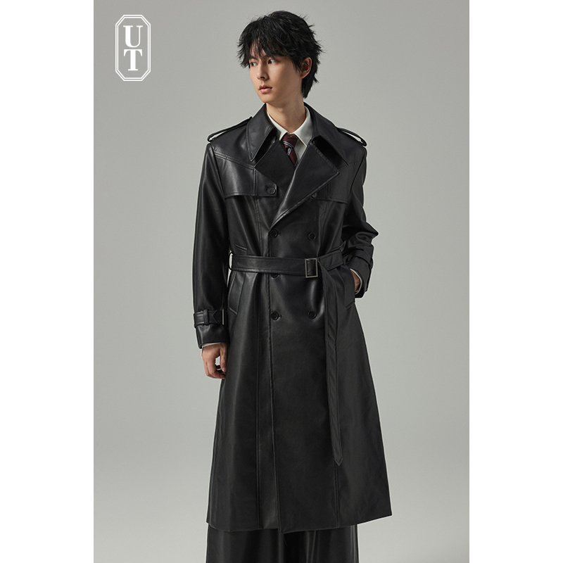 PU风衣男过膝长款垂感有型设计款皮外套秋冬季猎装时尚中长款大衣