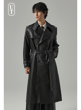 PU风衣男过膝长款垂感有型设计款皮外套秋冬季猎装时尚中长款大衣