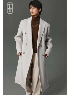 950g重磅羊毛双面呢大衣男米白色垫肩大长款外套冬季保暖风衣男装