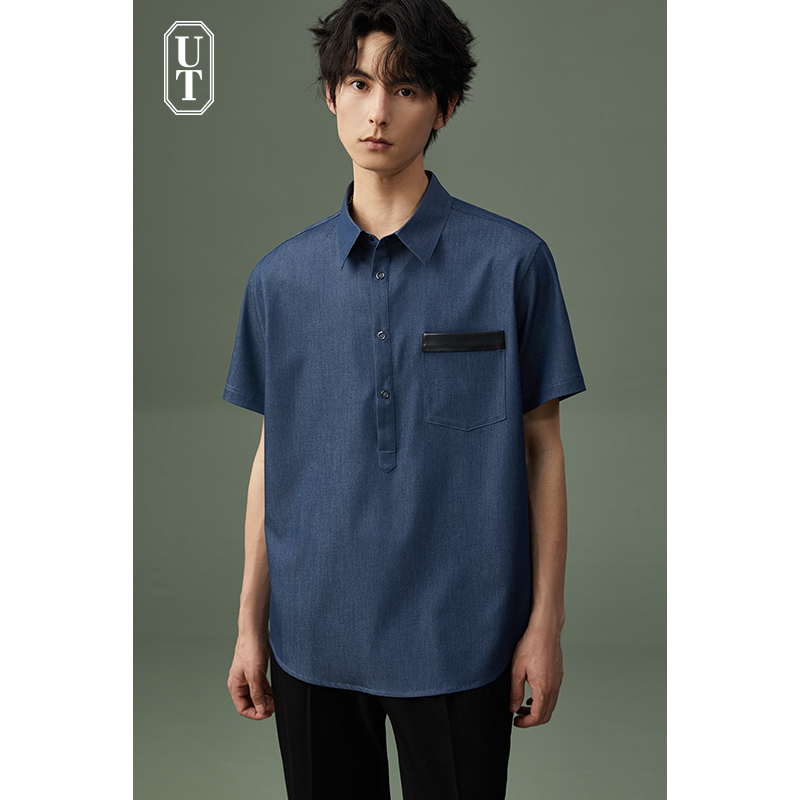 短袖牛仔蓝休闲衬衫夏季垂坠感