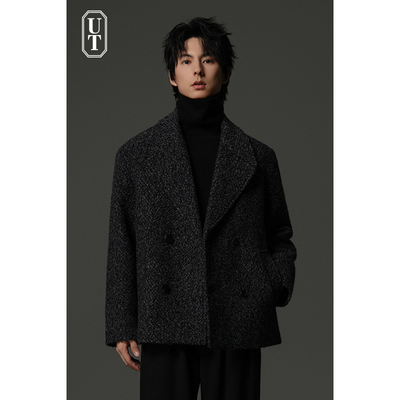 冬季保暖羊毛呢子短款双插袋大衣男大翻领内里加仿丝棉加厚外套