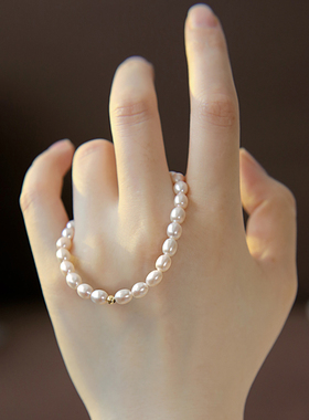 回馈款！天然米形珍珠强光弹力手链手串气质复古美国14K包金小众