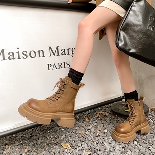 牛皮版 英伦风炸街小个子厚底短靴大黄靴 复古马丁靴女2025秋新款