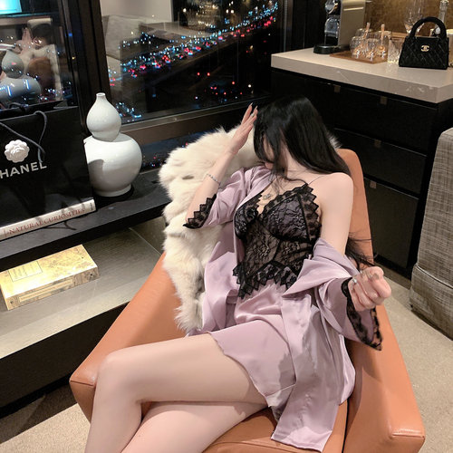 「一点点欲」性感冰丝吊带睡裙高级感睡袍家居服蕾丝睡衣女纯欲风