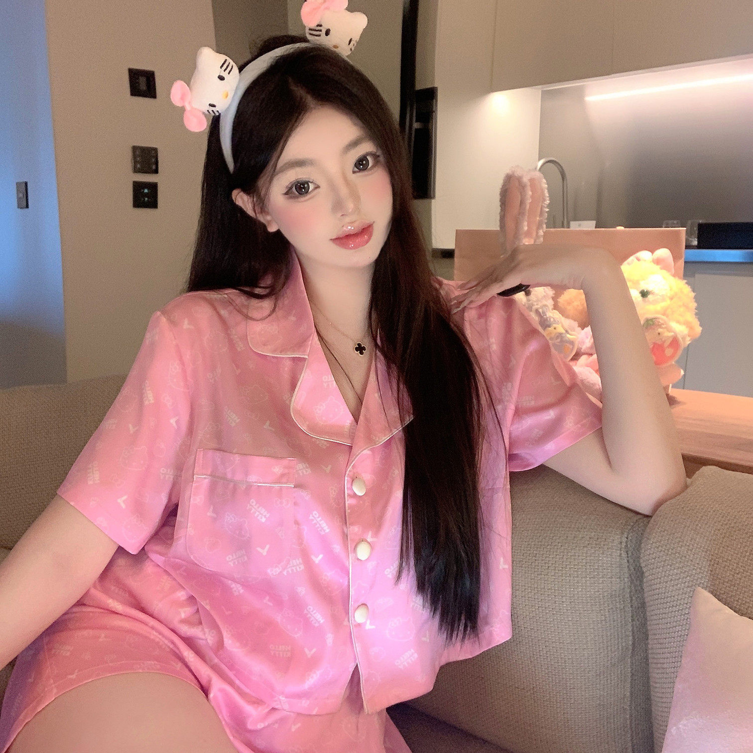 LaoLao酱「蜜桃粉小K」原创线少女休闲短袖家居服睡衣缎面舒适新