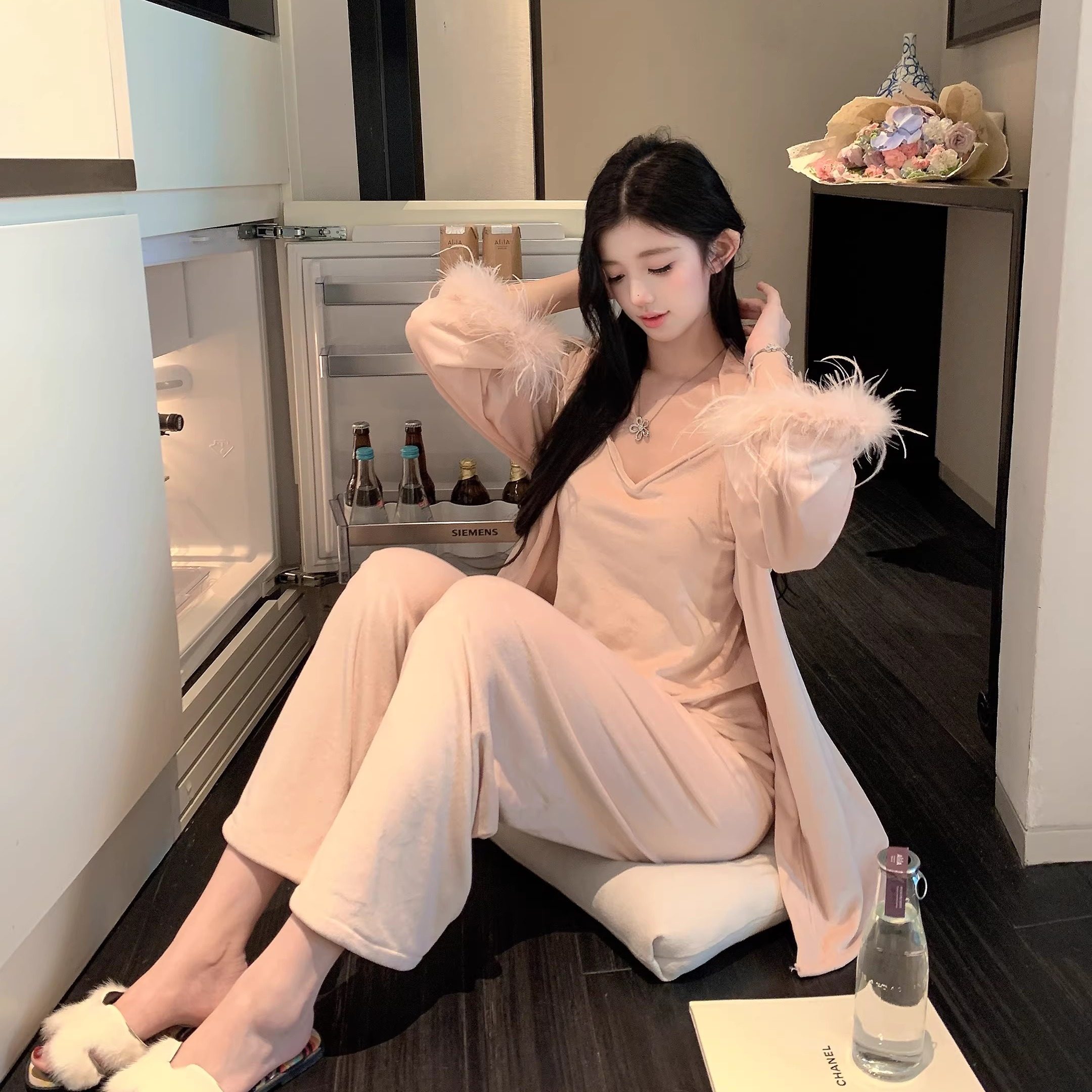 捞捞酱「微醺恋人」海岛绒羽毛三件套睡衣睡袍纯欲家居服2025加厚