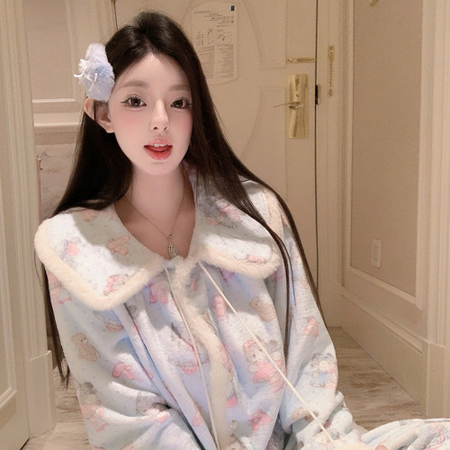 捞捞酱「绒绒海盐猫」睡衣女法兰绒加厚加绒2025新款冬季家居服