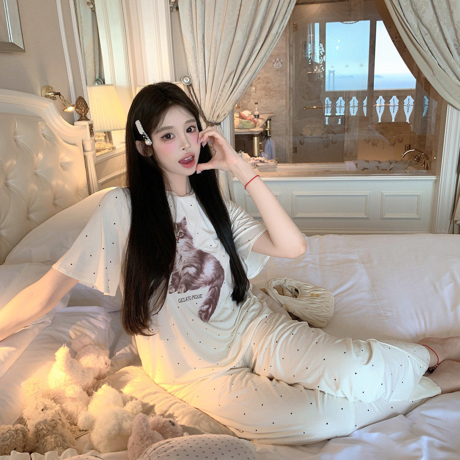 LaoLao酱「小猫爱睡觉」莫代尔短袖长裤家居服裸感睡衣日系少女甜