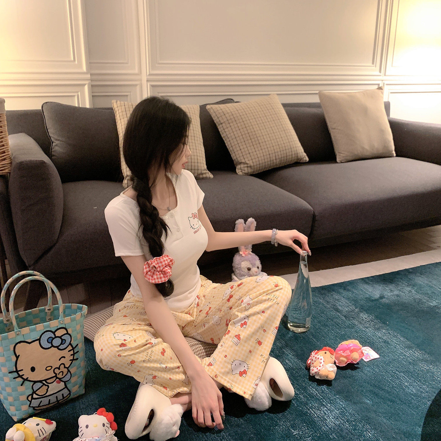 LaoLao酱「甜辣小kt」短袖长裤夏家居服睡衣套少女日系卡通带胸垫,女士内衣/男士内衣/家居服,睡衣/家居服套装,淘宝优惠券,粉丝福利购,淘宝优惠卷