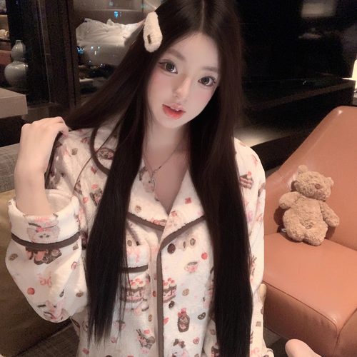 「巧克力酱」法兰绒加绒加厚2025新款冬季睡衣女纯欲家居服秋冬款