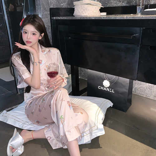 LaoLao酱「黑皮小K」胸前烫钻日系短袖家居服睡衣套ins丝滑少女夏