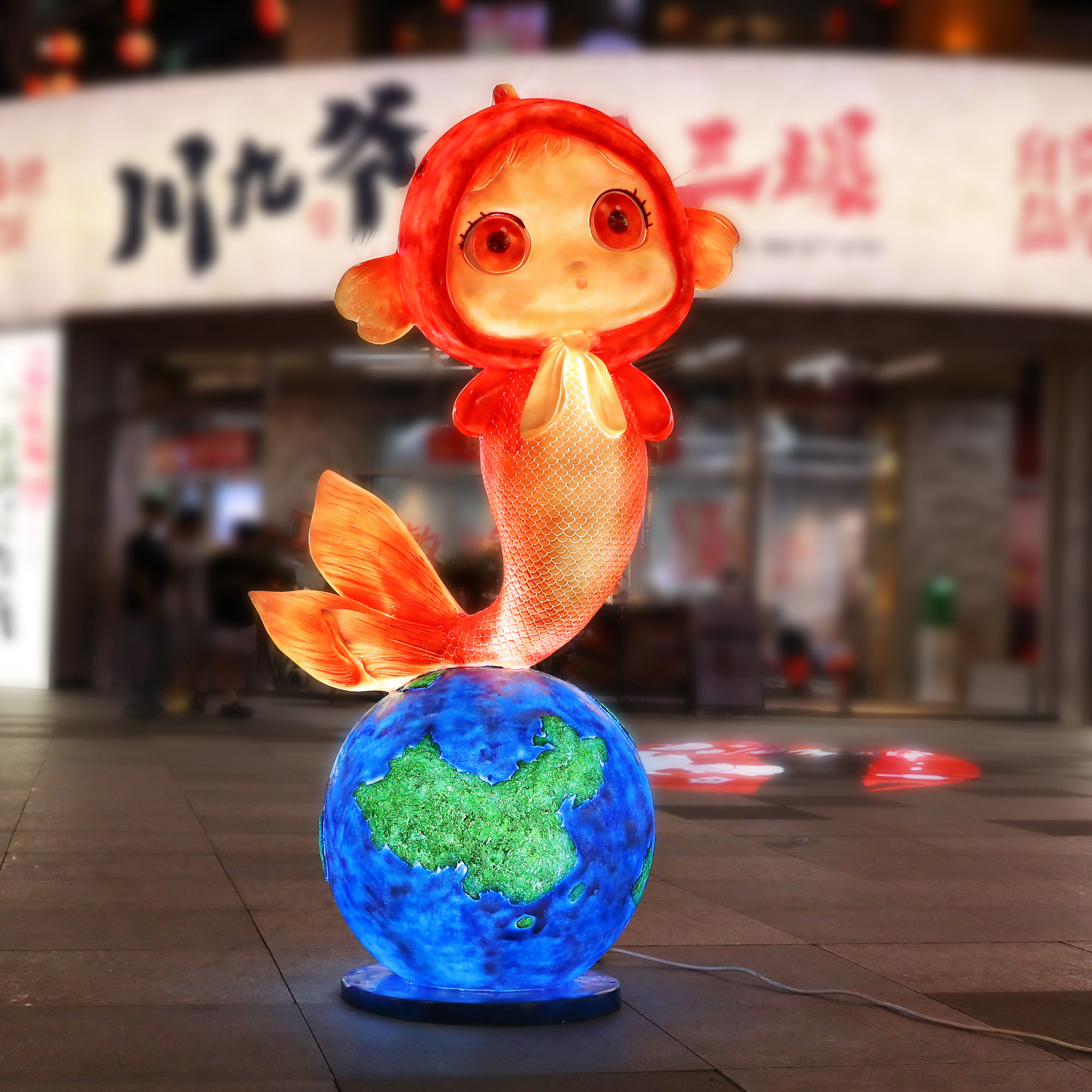 卡通发光鱼小龙虾雕塑玻璃钢螃蟹烤鱼店餐厅排档海鲜挂件迎宾装饰