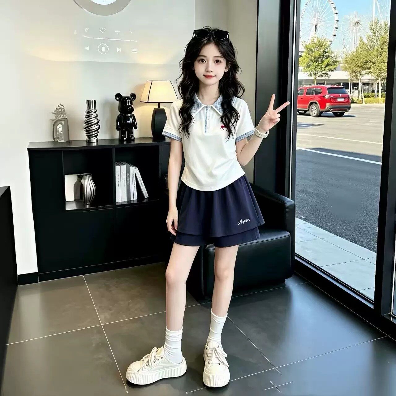 女童夏季学院风POLO衫短裙套装