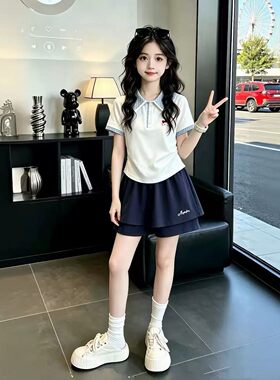 女童夏季学院风POLO衫短裙套装