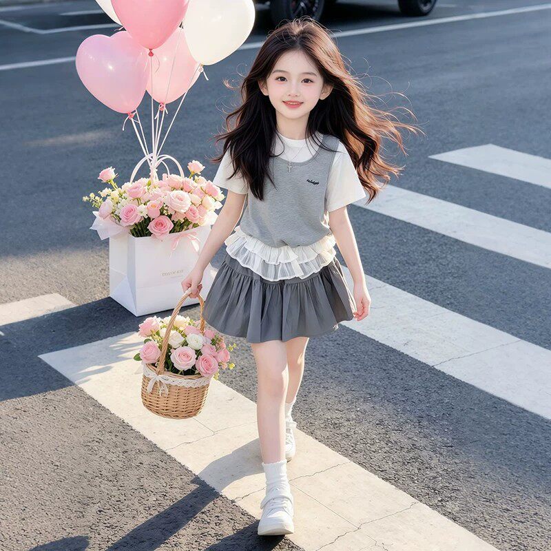 女童假两件短袖套装夏季2026新款儿童薄款夏装女孩花苞短裙两件套