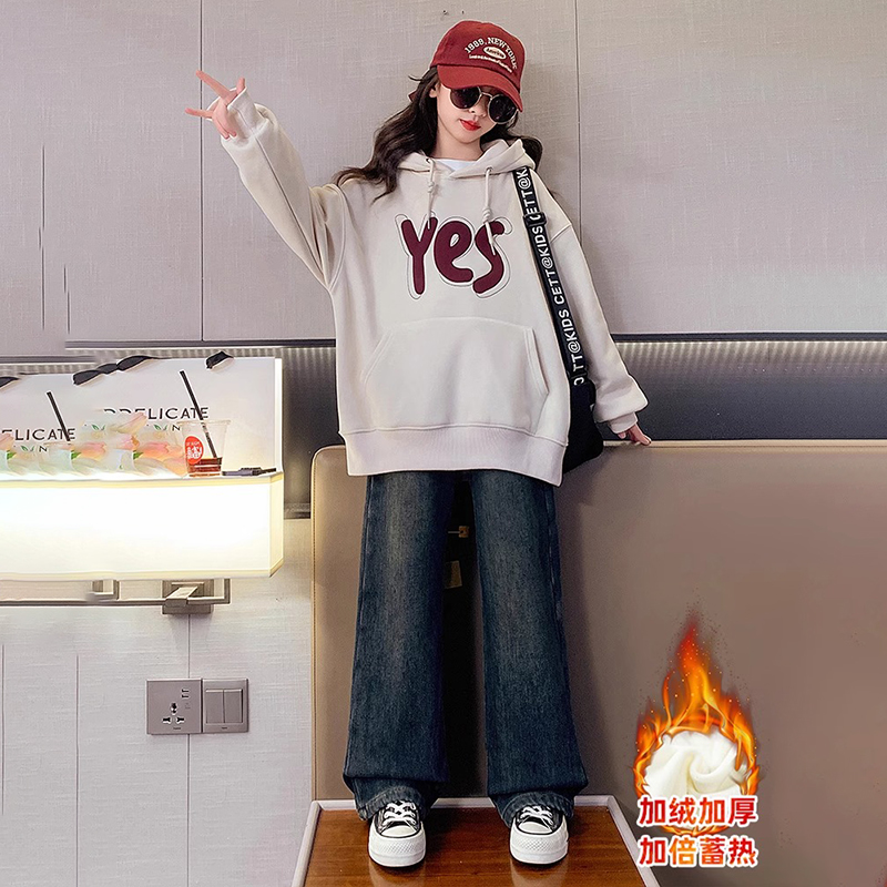 女童冬款羊驼绒加绒加厚休闲卫衣2024新款韩版女大童装连帽上衣潮