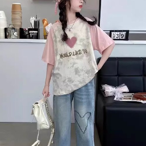 2026时髦中大童夏季短袖新款插肩袖T恤女.童小清新网红休闲上衣潮