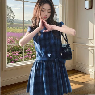 格纹连衣裙藏青蝴蝶结夏季 绑带小个子收腰裙子 新款 甜美少女风