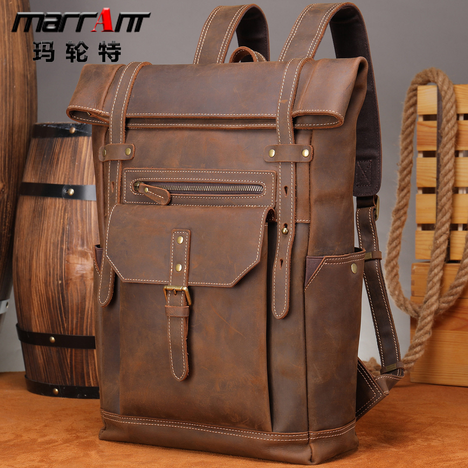 玛轮特新款复古疯马皮背包男士真皮双肩包 户外旅行登山背包