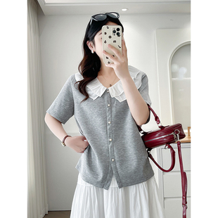 大码 胖mm法式 女装 T恤女2025夏新款 上衣 小香风娃娃领掐腰短袖 翠袖